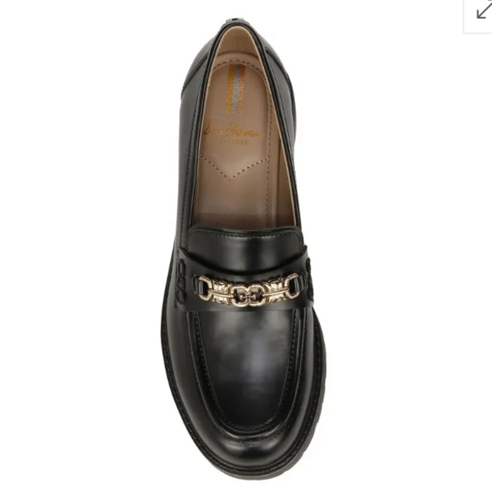 Sam Edelman Black Leather Platform Loafers with Gold Chain - Picture 2 of 10